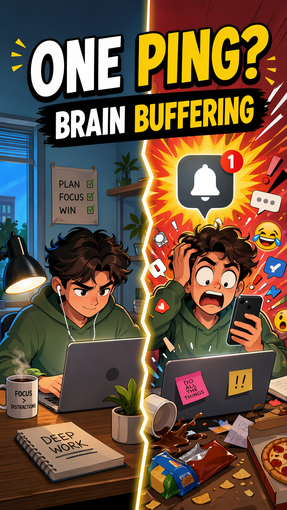 Split-screen illustration showing a focused creator disrupted by one notification.