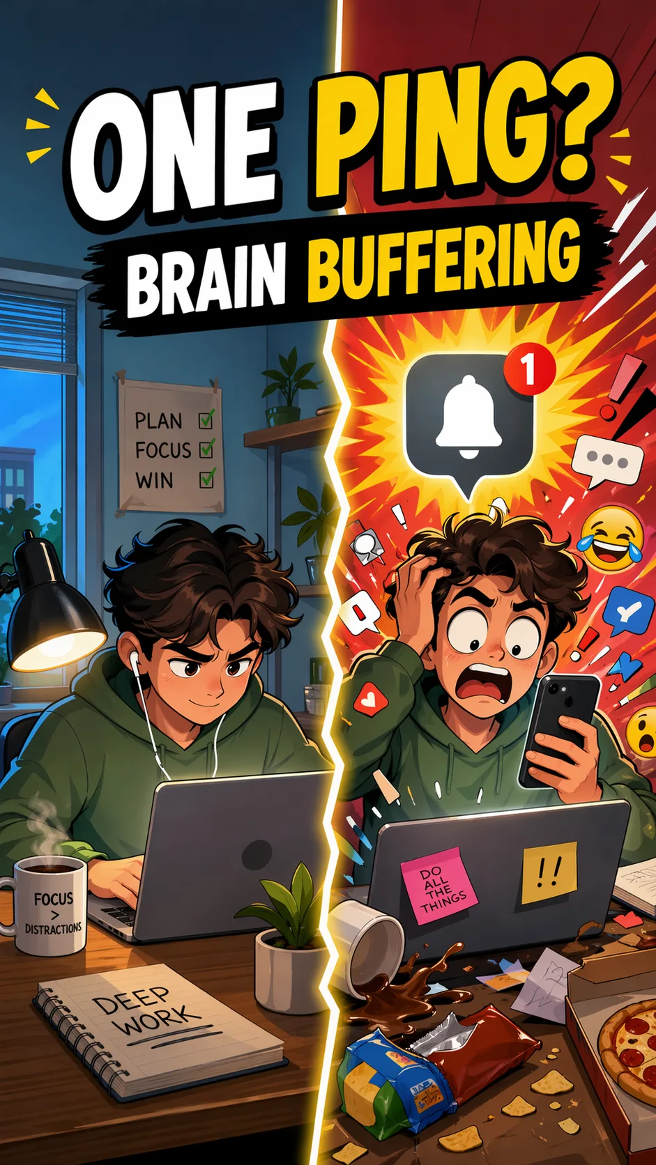 Split-screen illustration showing a focused creator disrupted by one notification.